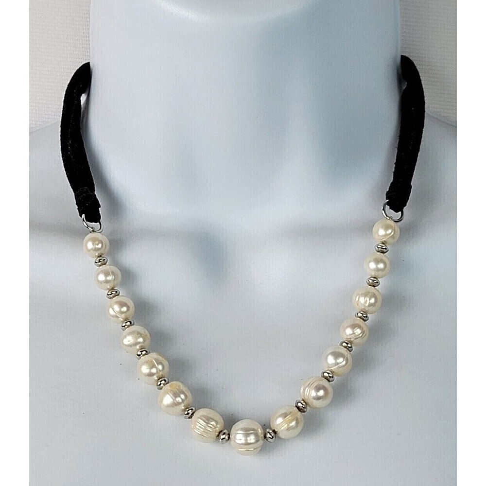 Sterling Silver 925 White Baroque Pearls Necklace 20" Black Leather Cord Adj. 10
